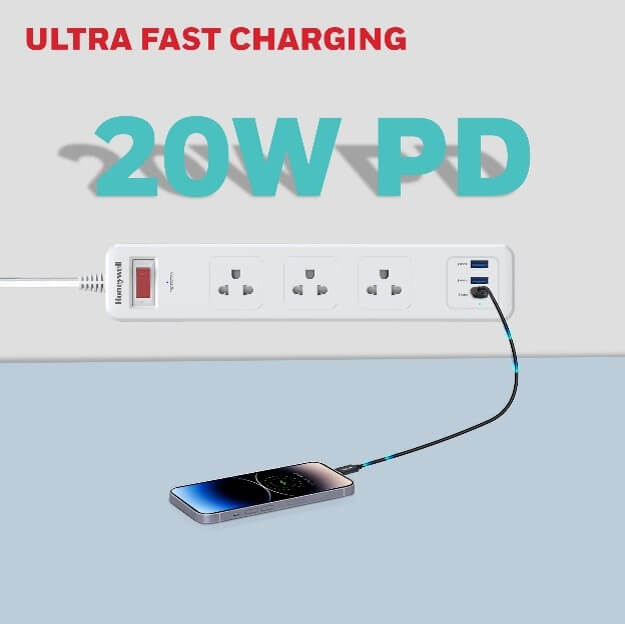 รางปลั๊กไฟ 3 ช่อง Honeywell รุ่น HCC000038 ป้องกันไฟกระชาก 1.8 เมตร (USB-A 2 ช่อง , USB-C 1 ช่อง)